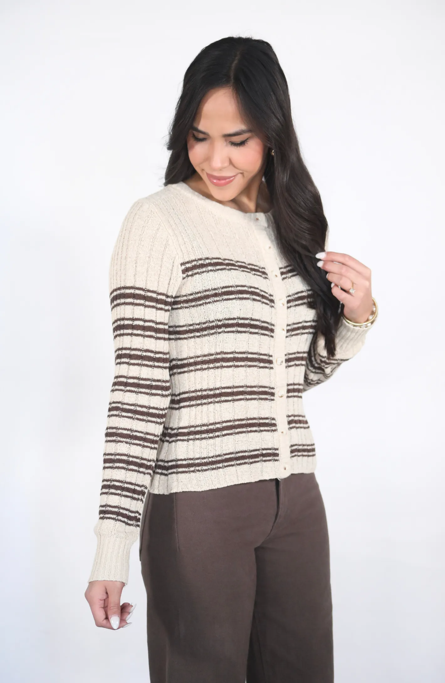 Think It Through Beige Striped Cardigan Sweater