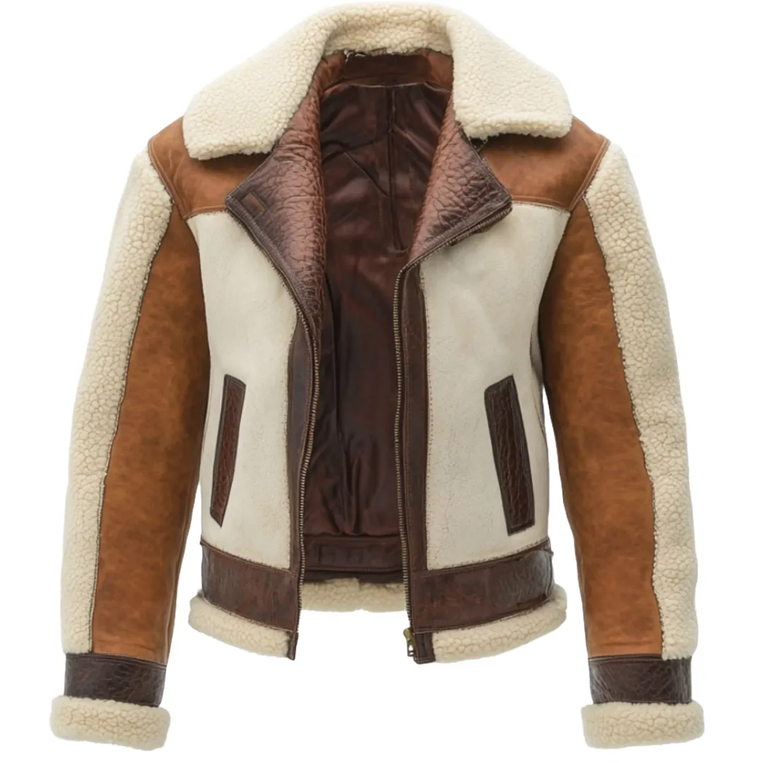 Two-Tone Shearling Aviator Jacket - Crafted from Premium Leather | El Zoro