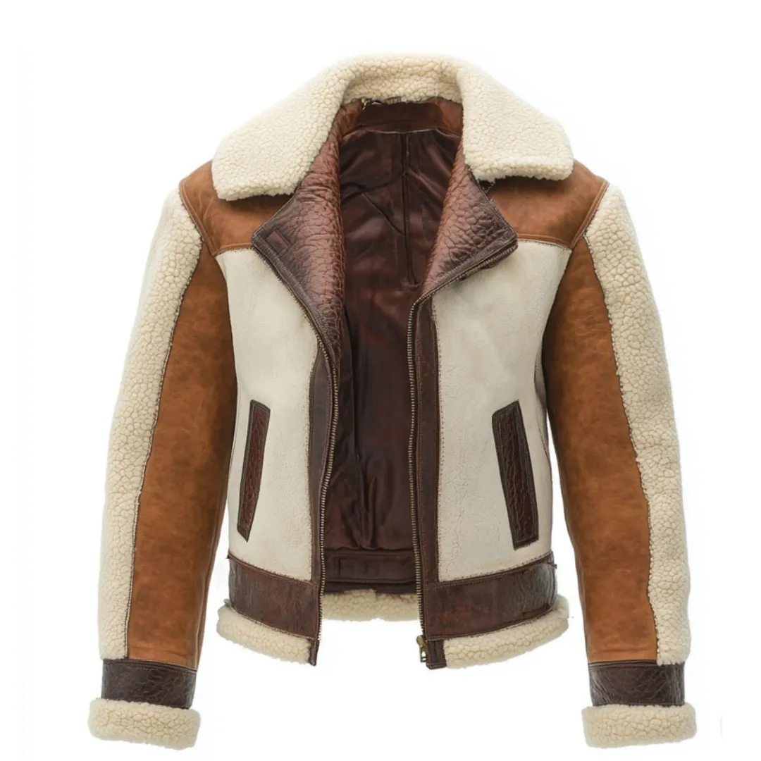 Two-Tone Shearling Aviator Jacket - Crafted from Premium Leather | El Zoro