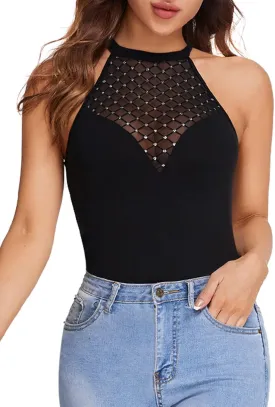 Verdusa Women's Sheer Contrast Mesh Sleeveless Slim Fitted Halter Top