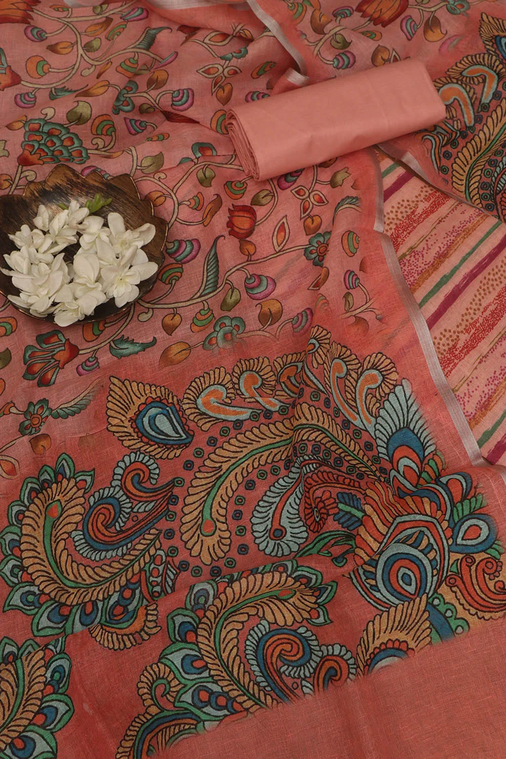 Vibrant Orange Digital Printed Linen Three Piece Suit Set