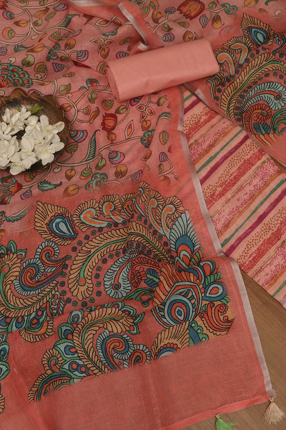 Vibrant Orange Digital Printed Linen Three Piece Suit Set
