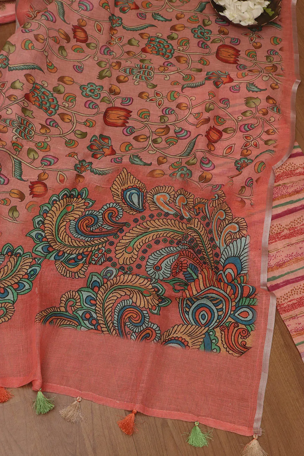 Vibrant Orange Digital Printed Linen Three Piece Suit Set