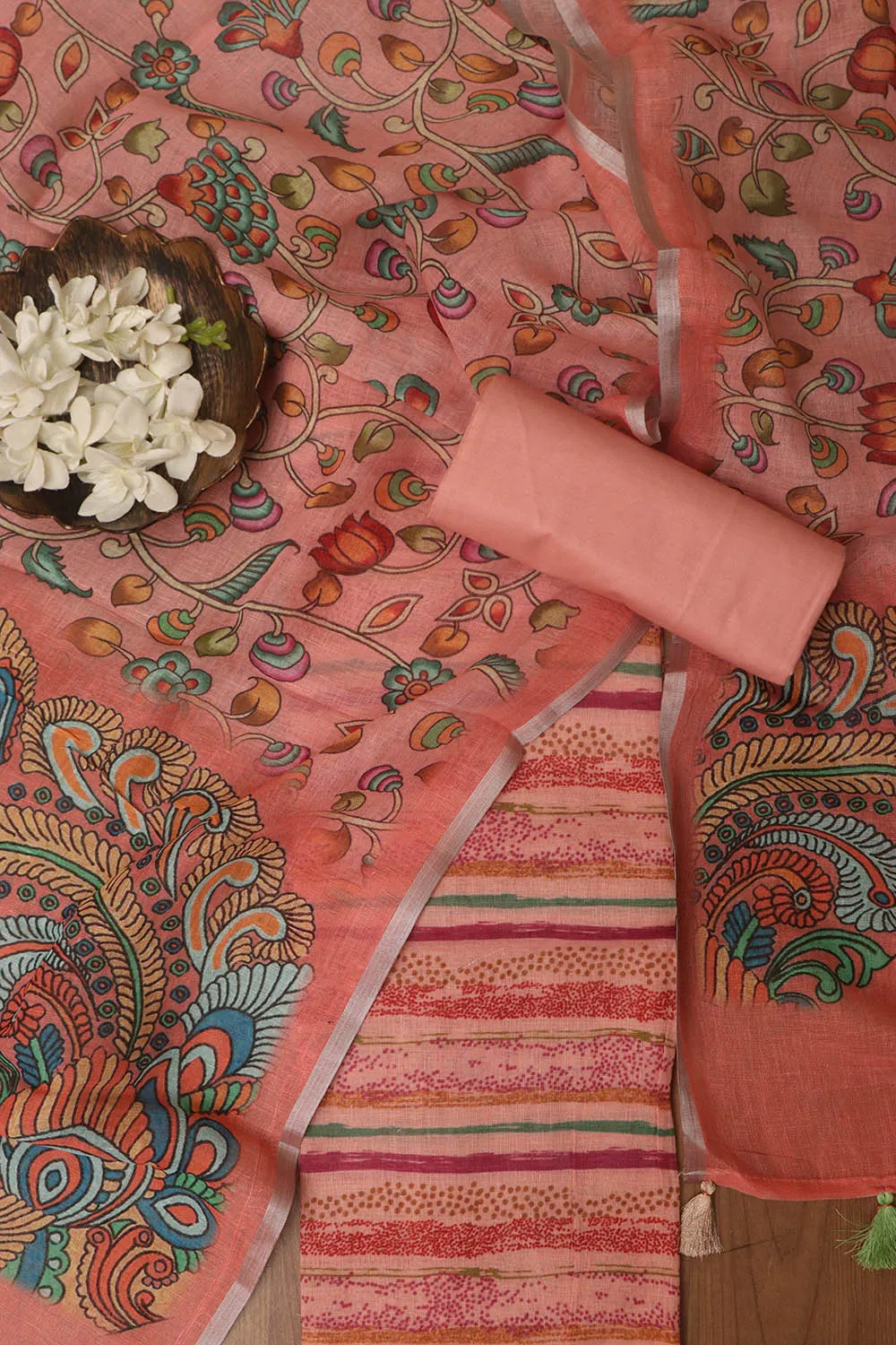 Vibrant Orange Digital Printed Linen Three Piece Suit Set