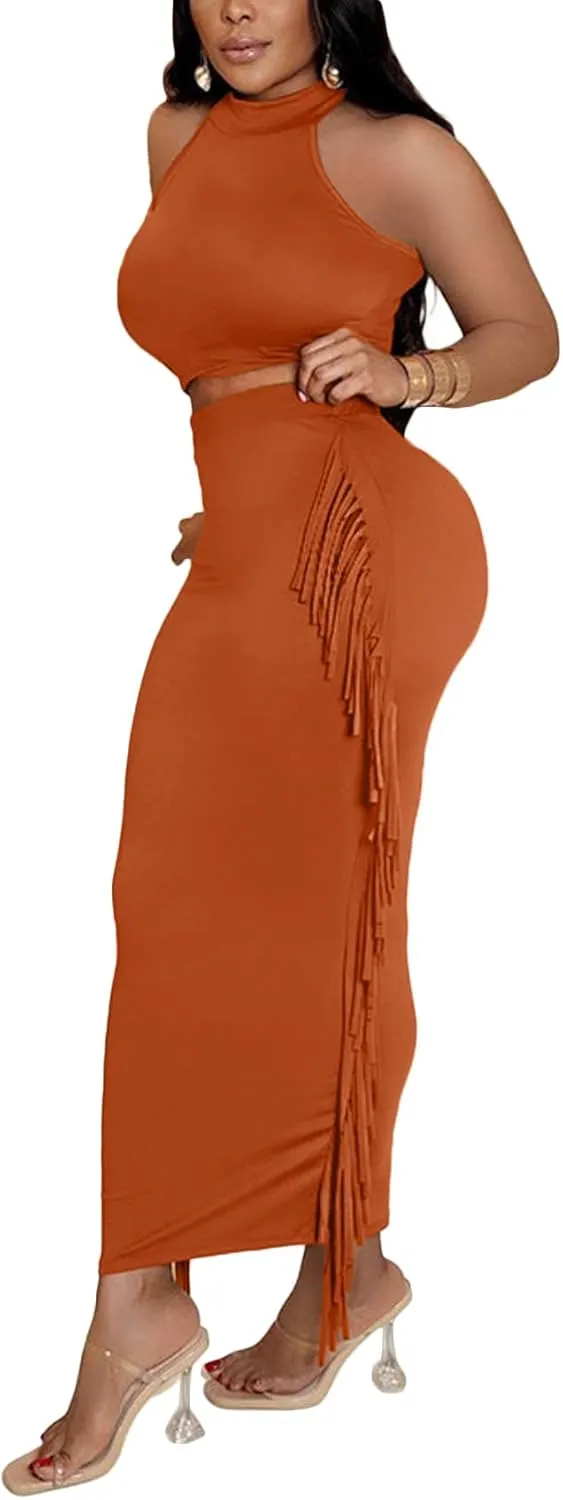 Vrtige Women's 2 Piece Outfits Halter Sleeveless Crop Top and Fringe Bodycon Maxi Skirt Set