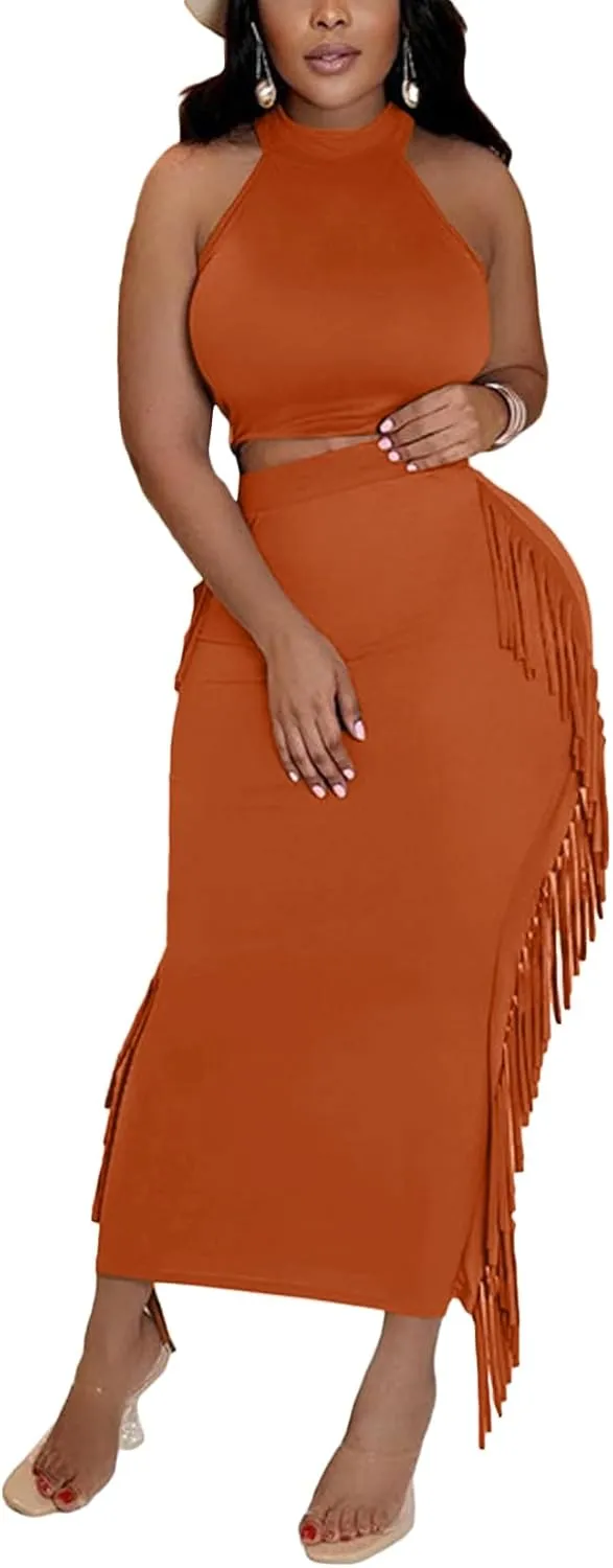 Vrtige Women's 2 Piece Outfits Halter Sleeveless Crop Top and Fringe Bodycon Maxi Skirt Set
