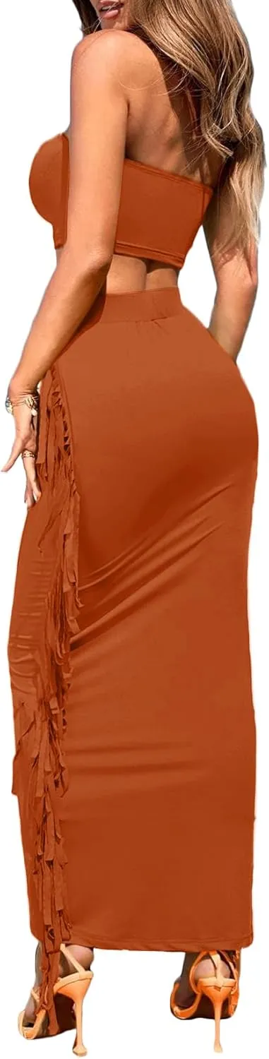 Vrtige Women's 2 Piece Outfits Halter Sleeveless Crop Top and Fringe Bodycon Maxi Skirt Set