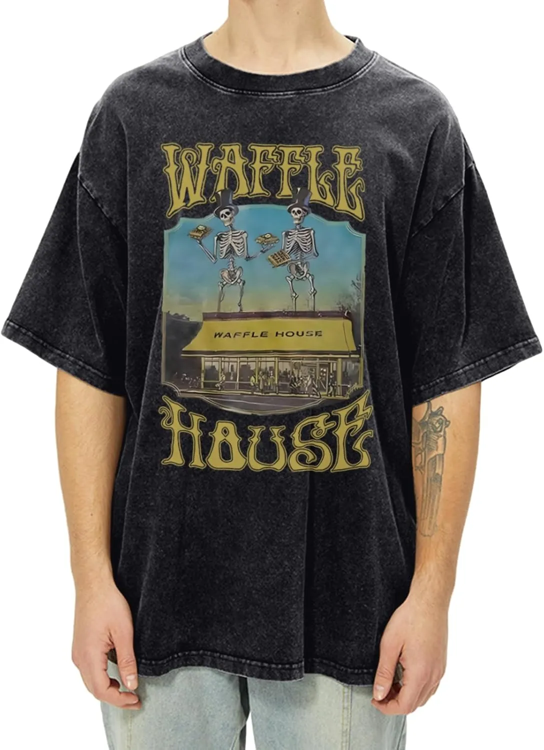 Waffle House Shirt Vintage Acid Wash Tshirt for Men Oversized Hip Hop Shirts Funny Skeleton Graphic Tees Tops Unisex