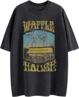 Waffle House Shirt Vintage Acid Wash Tshirt for Men Oversized Hip Hop Shirts Funny Skeleton Graphic Tees Tops Unisex