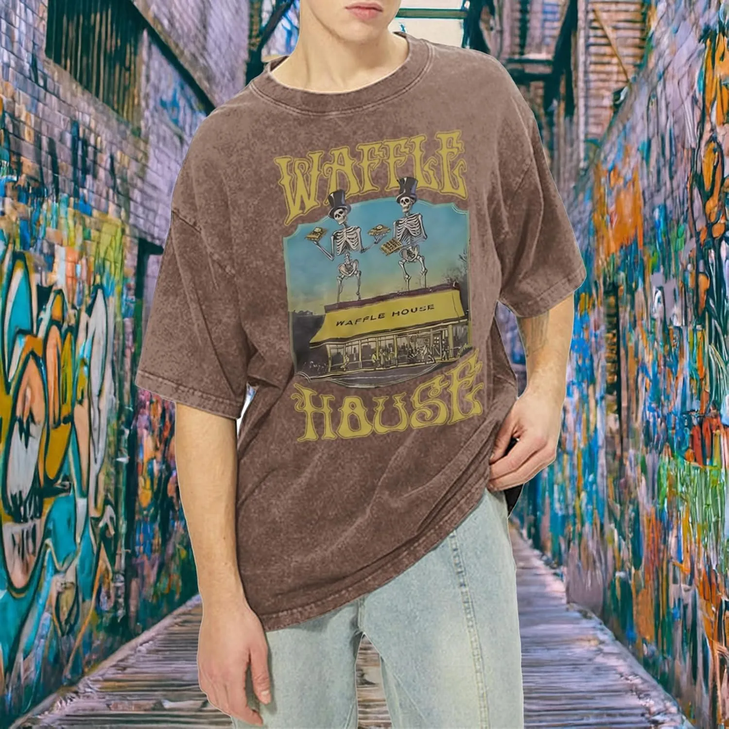 Waffle House Shirt Vintage Acid Wash Tshirt for Men Oversized Hip Hop Shirts Funny Skeleton Graphic Tees Tops Unisex