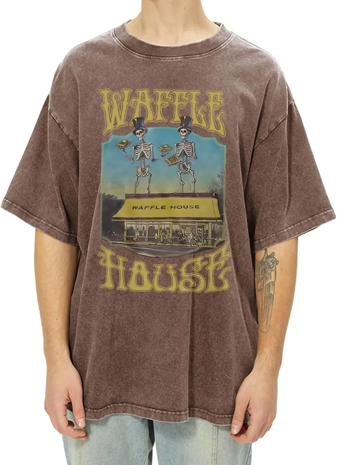 Waffle House Shirt Vintage Acid Wash Tshirt for Men Oversized Hip Hop Shirts Funny Skeleton Graphic Tees Tops Unisex