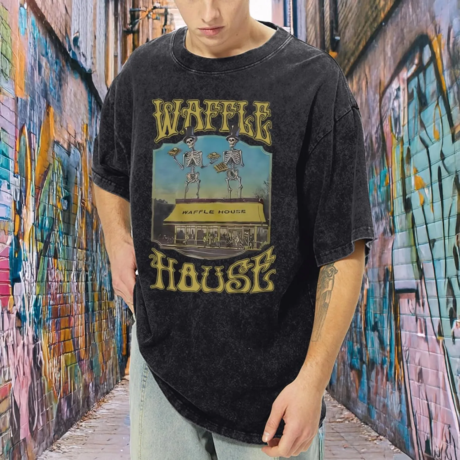 Waffle House Shirt Vintage Acid Wash Tshirt for Men Oversized Hip Hop Shirts Funny Skeleton Graphic Tees Tops Unisex