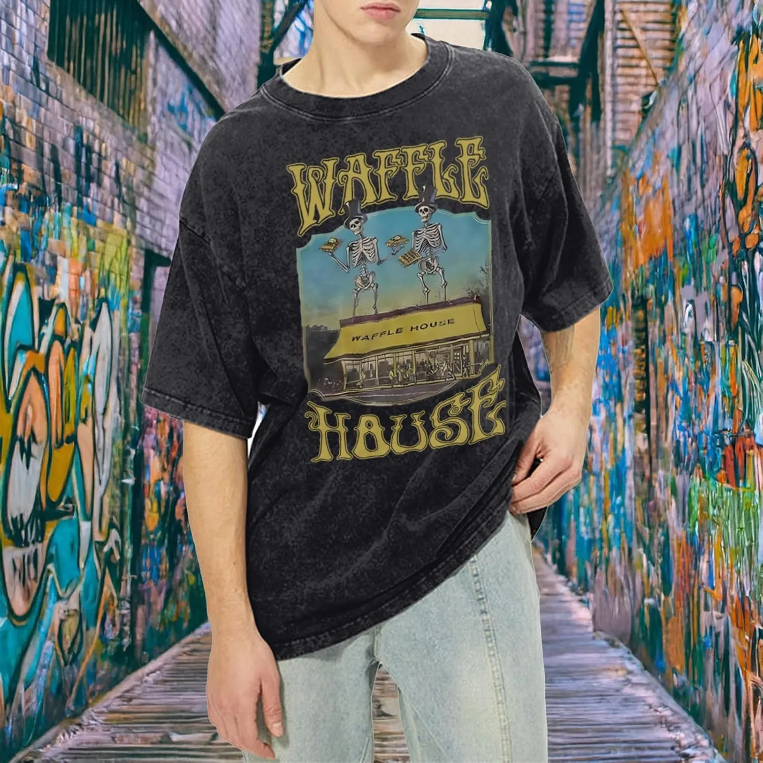 Waffle House Shirt Vintage Acid Wash Tshirt for Men Oversized Hip Hop Shirts Funny Skeleton Graphic Tees Tops Unisex