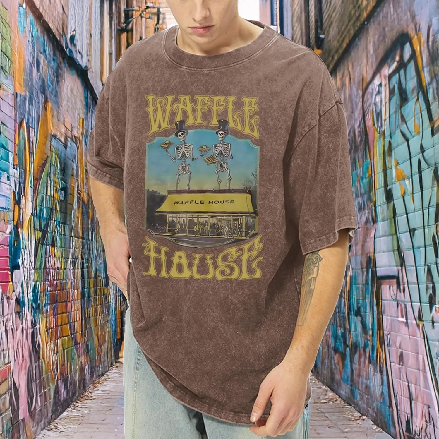 Waffle House Shirt Vintage Acid Wash Tshirt for Men Oversized Hip Hop Shirts Funny Skeleton Graphic Tees Tops Unisex