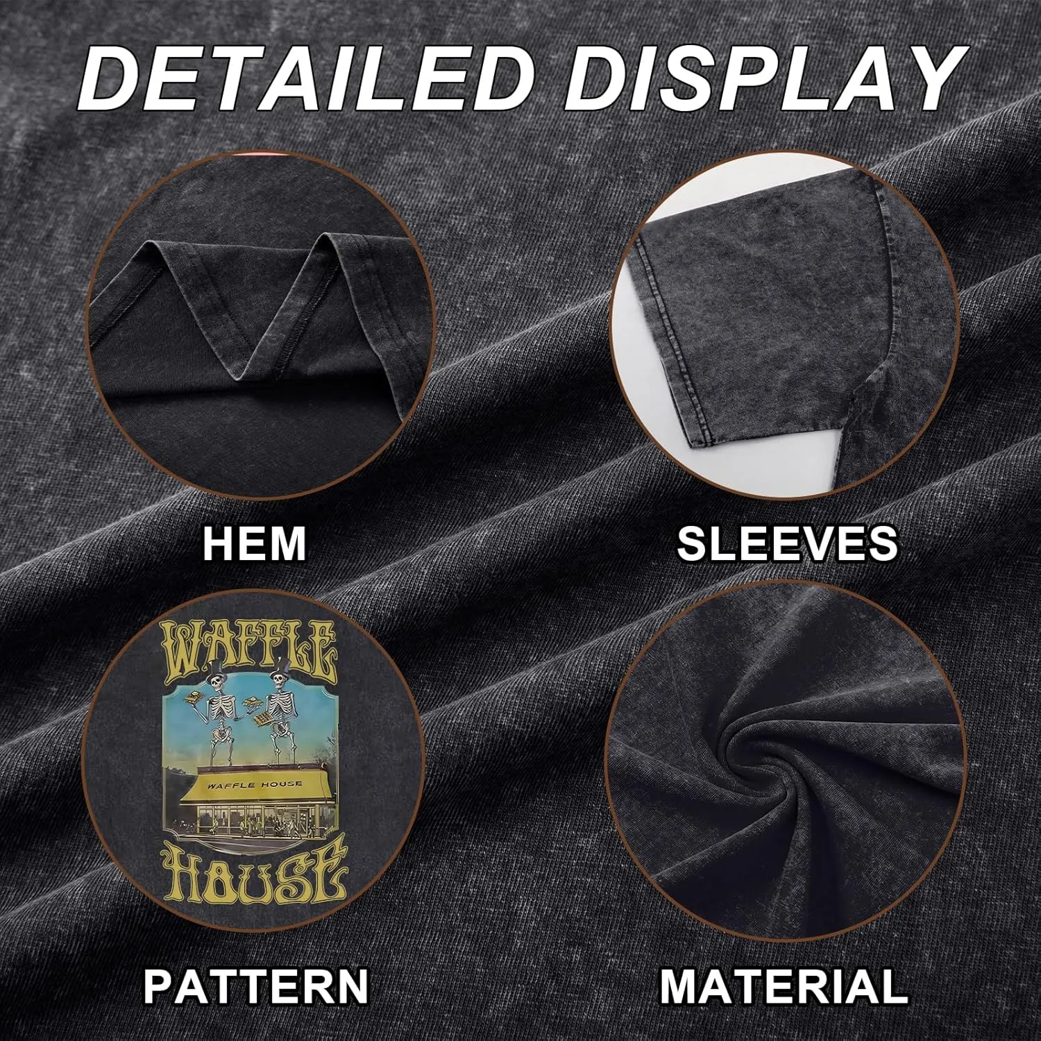 Waffle House Shirt Vintage Acid Wash Tshirt for Men Oversized Hip Hop Shirts Funny Skeleton Graphic Tees Tops Unisex