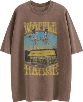 Waffle House Shirt Vintage Acid Wash Tshirt for Men Oversized Hip Hop Shirts Funny Skeleton Graphic Tees Tops Unisex