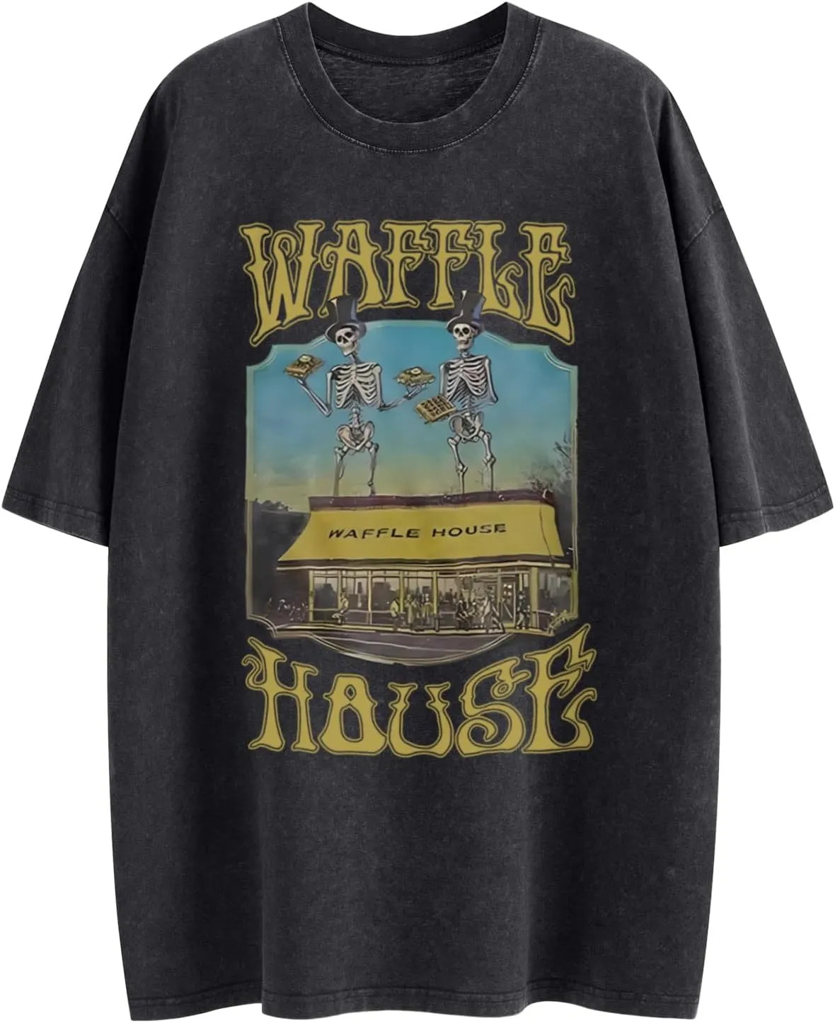 Waffle House Shirt Vintage Acid Wash Tshirt for Men Oversized Hip Hop Shirts Funny Skeleton Graphic Tees Tops Unisex