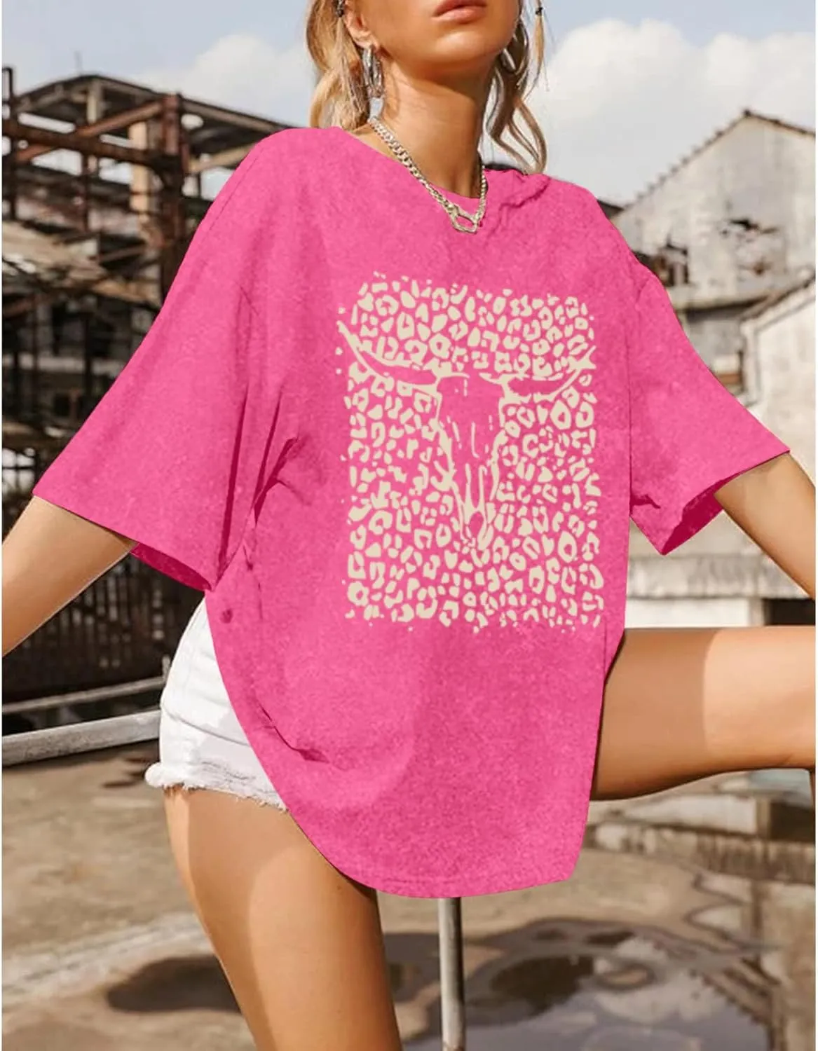 Western Cow Skull Shirts for Women Boho Cowgirl Shirt Vintage Acid Wash Tshirt Oversize Rodeo Graphic Tee Country Top