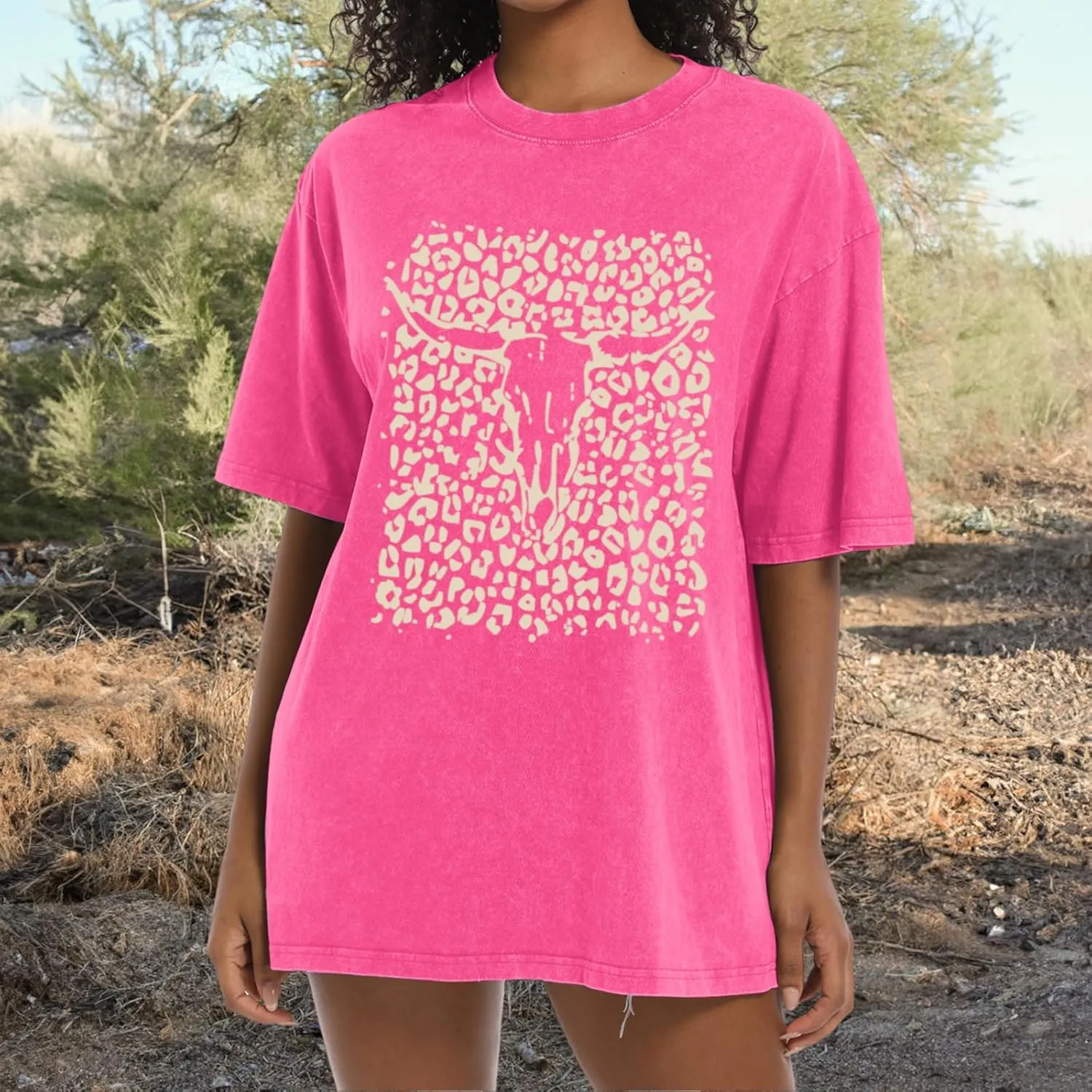 Western Cow Skull Shirts for Women Boho Cowgirl Shirt Vintage Acid Wash Tshirt Oversize Rodeo Graphic Tee Country Top