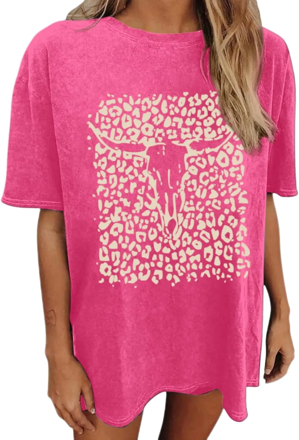 Western Cow Skull Shirts for Women Boho Cowgirl Shirt Vintage Acid Wash Tshirt Oversize Rodeo Graphic Tee Country Top