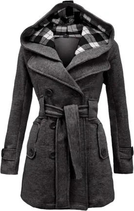 WIWIQS Women's Hooded Double-Breasted Thick Wool Blend Trench Coat Jacket Winter Mid-Long Pea Coat with Belt