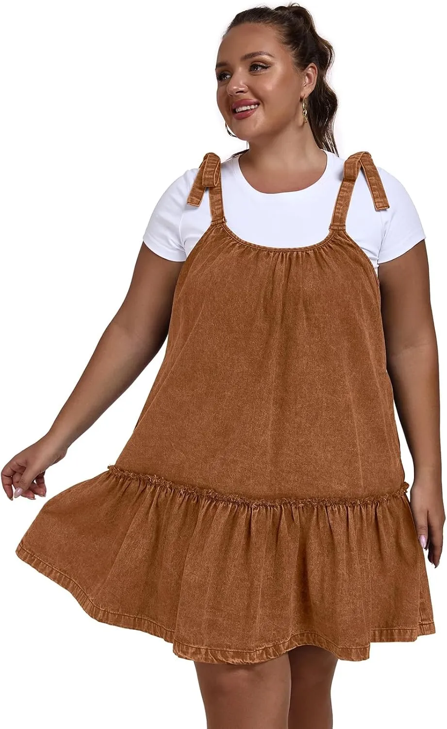 Women Denim Cami Dress Tie Shoulder Ruffle Hem Short Dresses Babydoll Wash Jean Sundress with Pocket