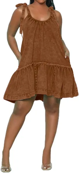 Women Denim Cami Dress Tie Shoulder Ruffle Hem Short Dresses Babydoll Wash Jean Sundress with Pocket