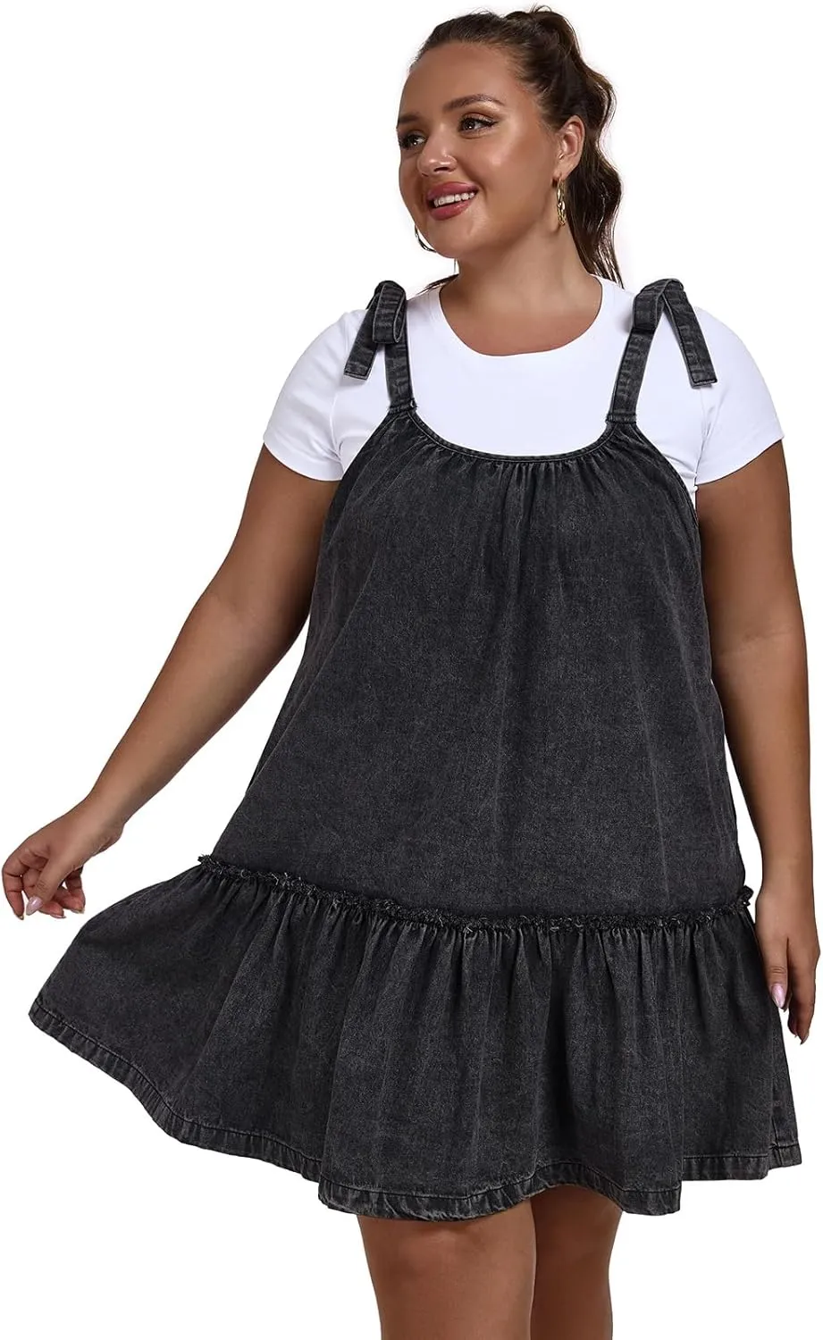Women Denim Cami Dress Tie Shoulder Ruffle Hem Short Dresses Babydoll Wash Jean Sundress with Pocket