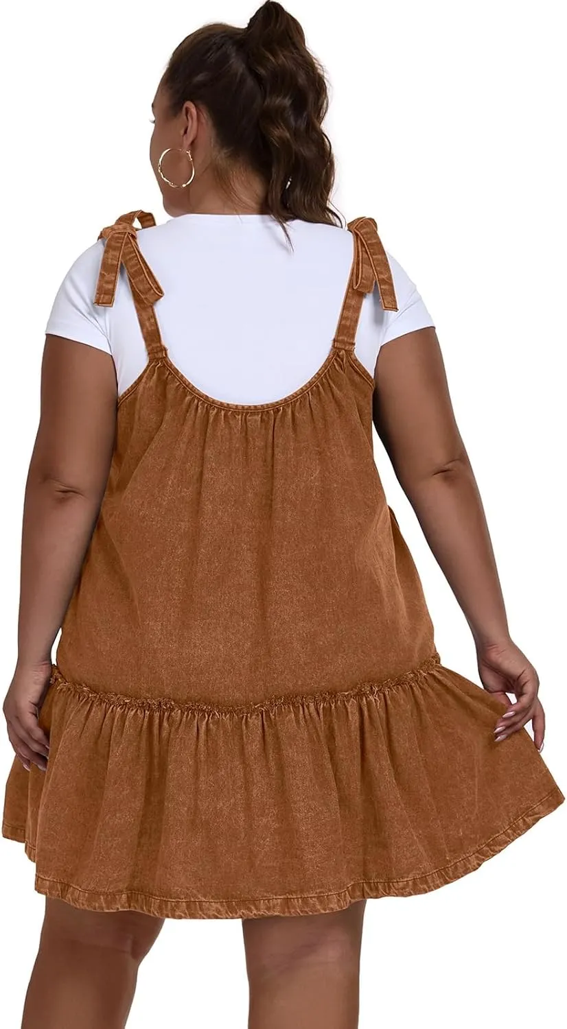 Women Denim Cami Dress Tie Shoulder Ruffle Hem Short Dresses Babydoll Wash Jean Sundress with Pocket