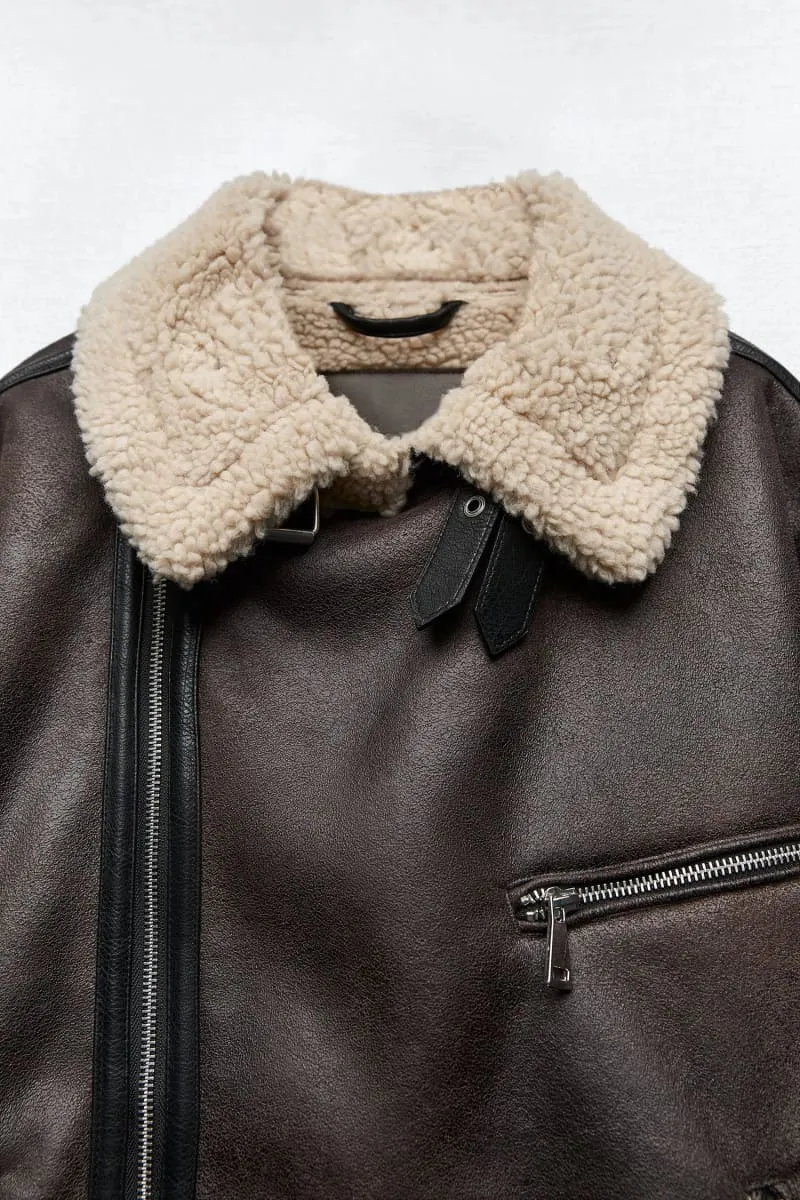 Women's Brown Sherpa Lined Aviator Leather Jacket
