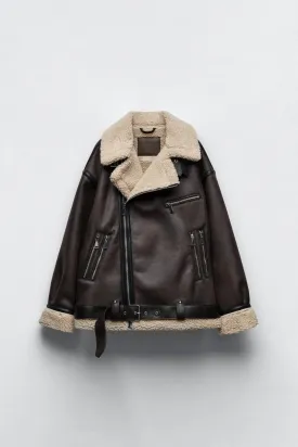 Women's Brown Sherpa Lined Aviator Leather Jacket