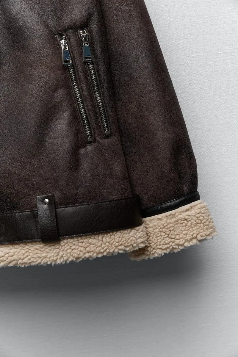 Women's Brown Sherpa Lined Aviator Leather Jacket