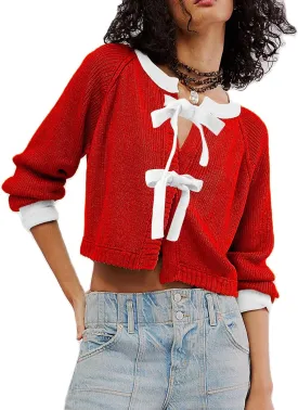 Womens Cropped Cable Knit Cardigan Sweaters Long Sleeve Bow Tie Front Crew Neck Contrast Color Chunky Sweater Tops