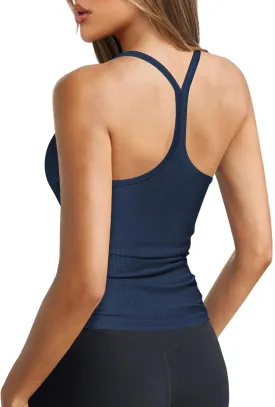 Women's Halter Tops Scoop Neck Spaghetti Strap Racerback Tank for Women Sexy Low Cut Ribbed Slim Fitted Workout Camisole Top