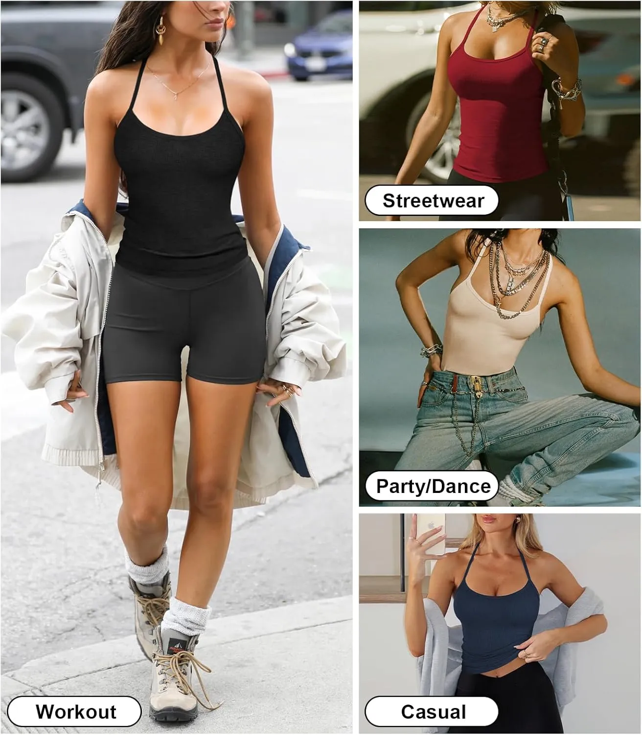 Women's Halter Tops Scoop Neck Spaghetti Strap Racerback Tank for Women Sexy Low Cut Ribbed Slim Fitted Workout Camisole Top