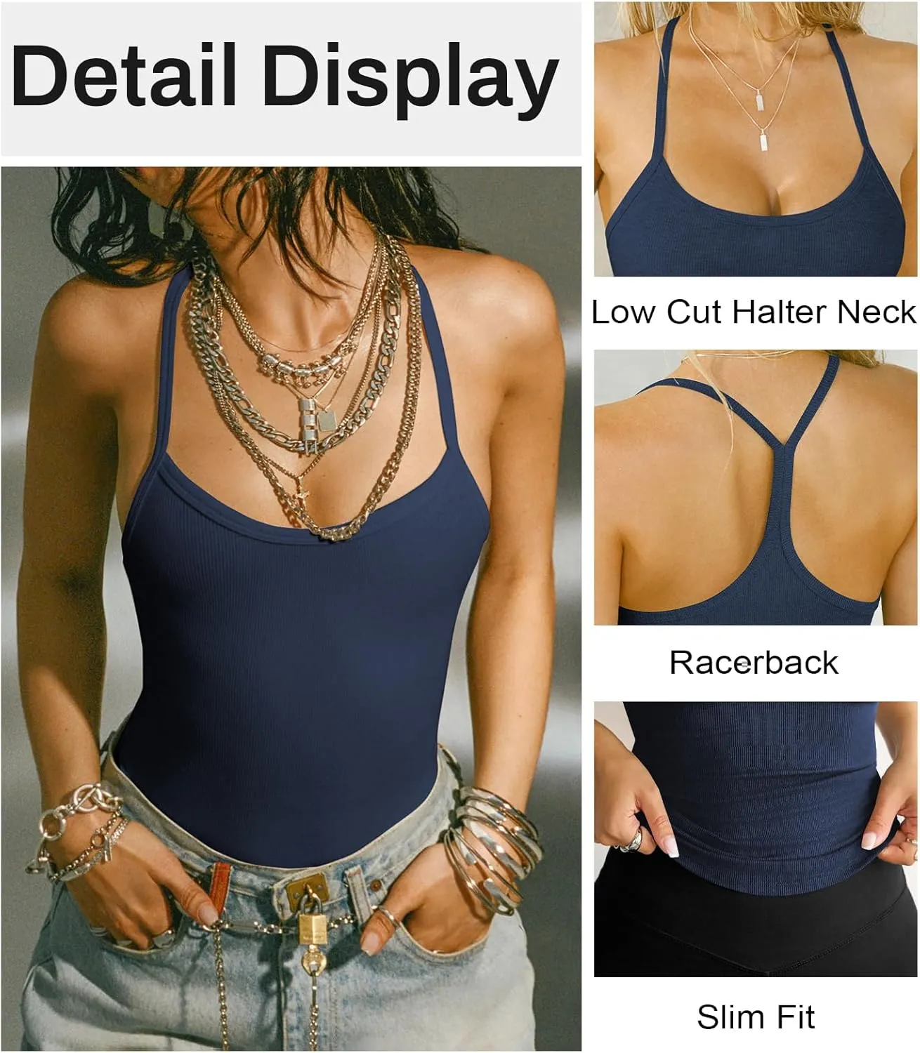 Women's Halter Tops Scoop Neck Spaghetti Strap Racerback Tank for Women Sexy Low Cut Ribbed Slim Fitted Workout Camisole Top