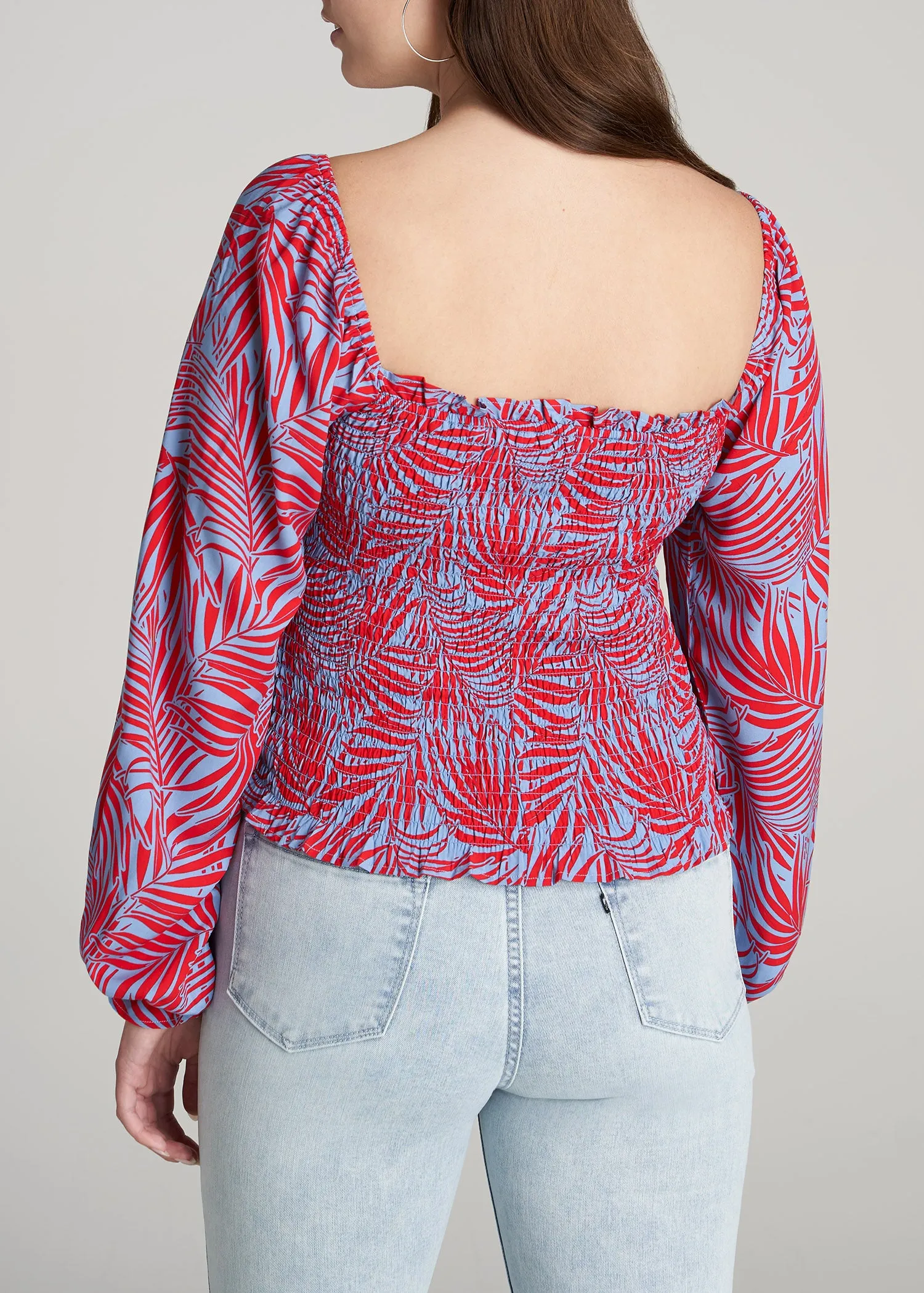 Women's Tall Balloon Sleeve Smocked Blouse in Red & Blue Tropical Print
