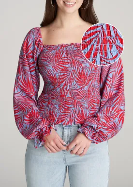 Women's Tall Balloon Sleeve Smocked Blouse in Red & Blue Tropical Print