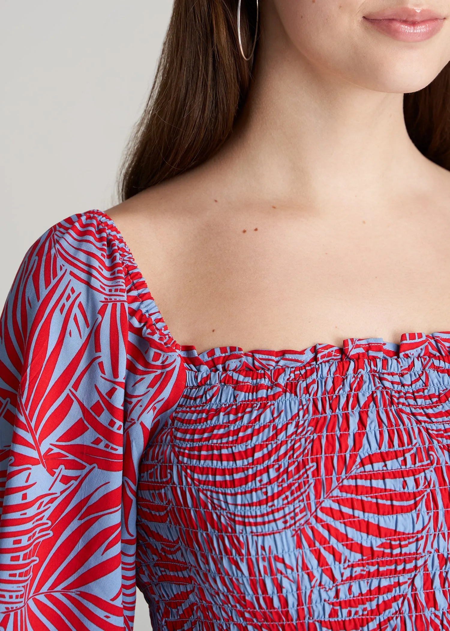 Women's Tall Balloon Sleeve Smocked Blouse in Red & Blue Tropical Print