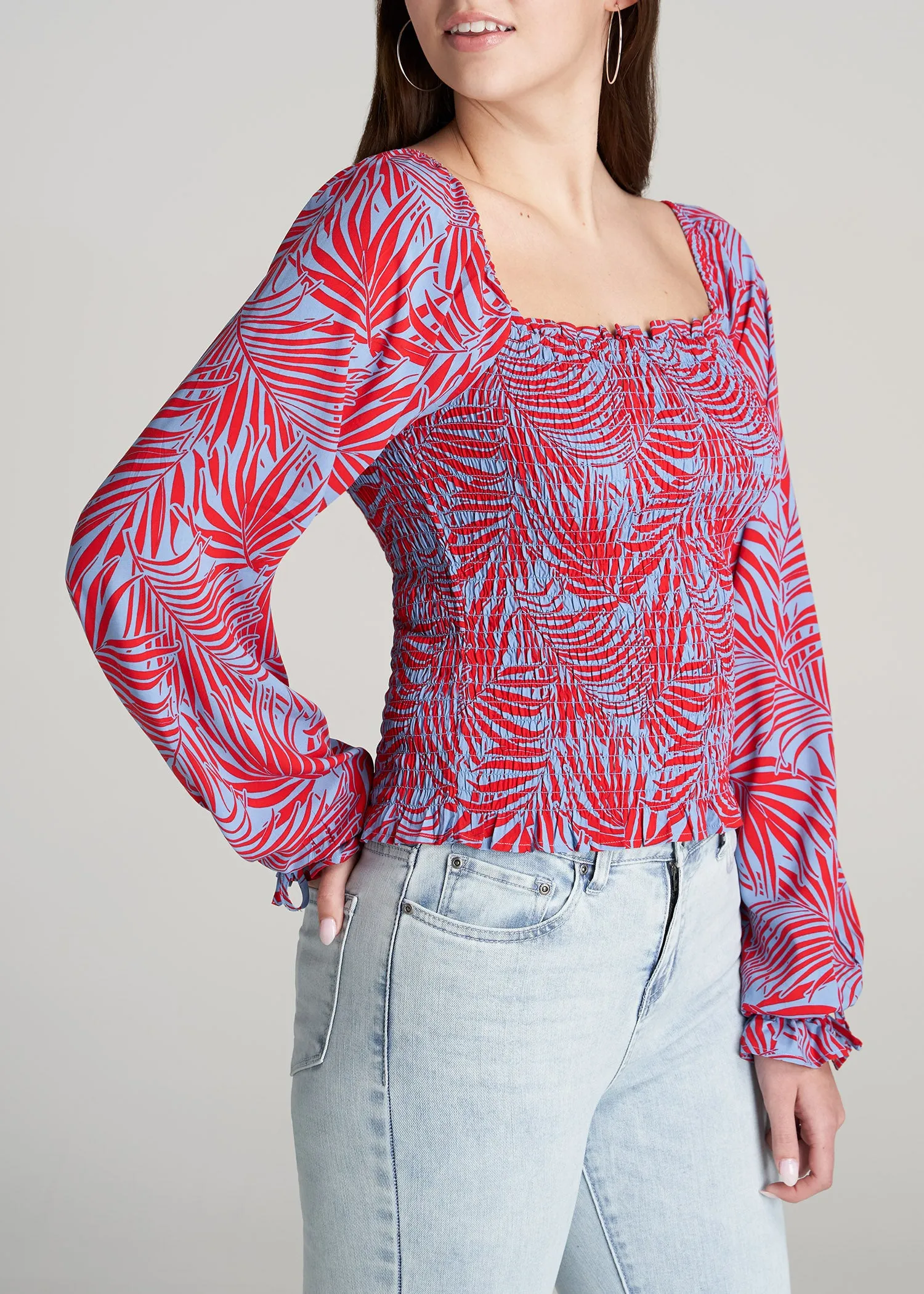 Women's Tall Balloon Sleeve Smocked Blouse in Red & Blue Tropical Print