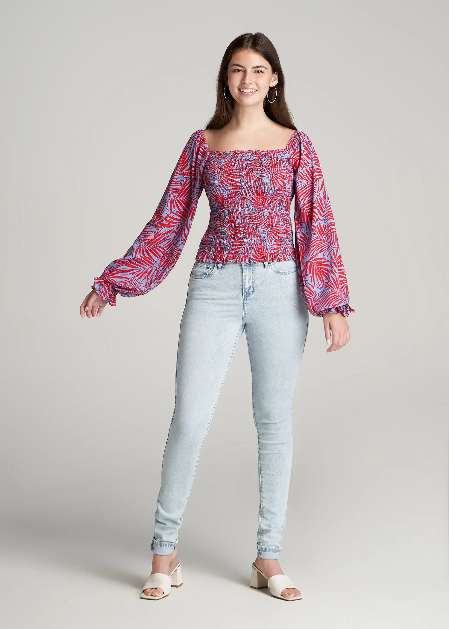 Women's Tall Balloon Sleeve Smocked Blouse in Red & Blue Tropical Print