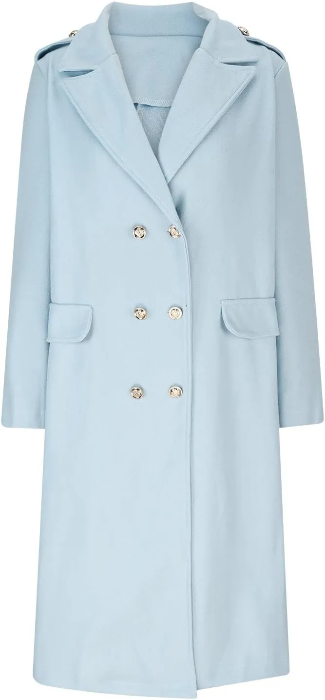 Wool Blend Trench Coat for Women, Fashion Casual Notch Lapel Double Breasted Mid Long Pea Coats Loose Overcoat Jacket