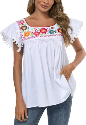 YZXDORWJ Embroidered Mexican Top for Women Peasant Blouse Mexico Summer Shirt Short Sleeve