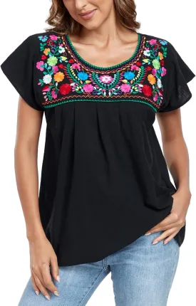 YZXDORWJ Embroidered Mexican Top for Women Peasant Blouse Mexico Summer Shirt Short Sleeve