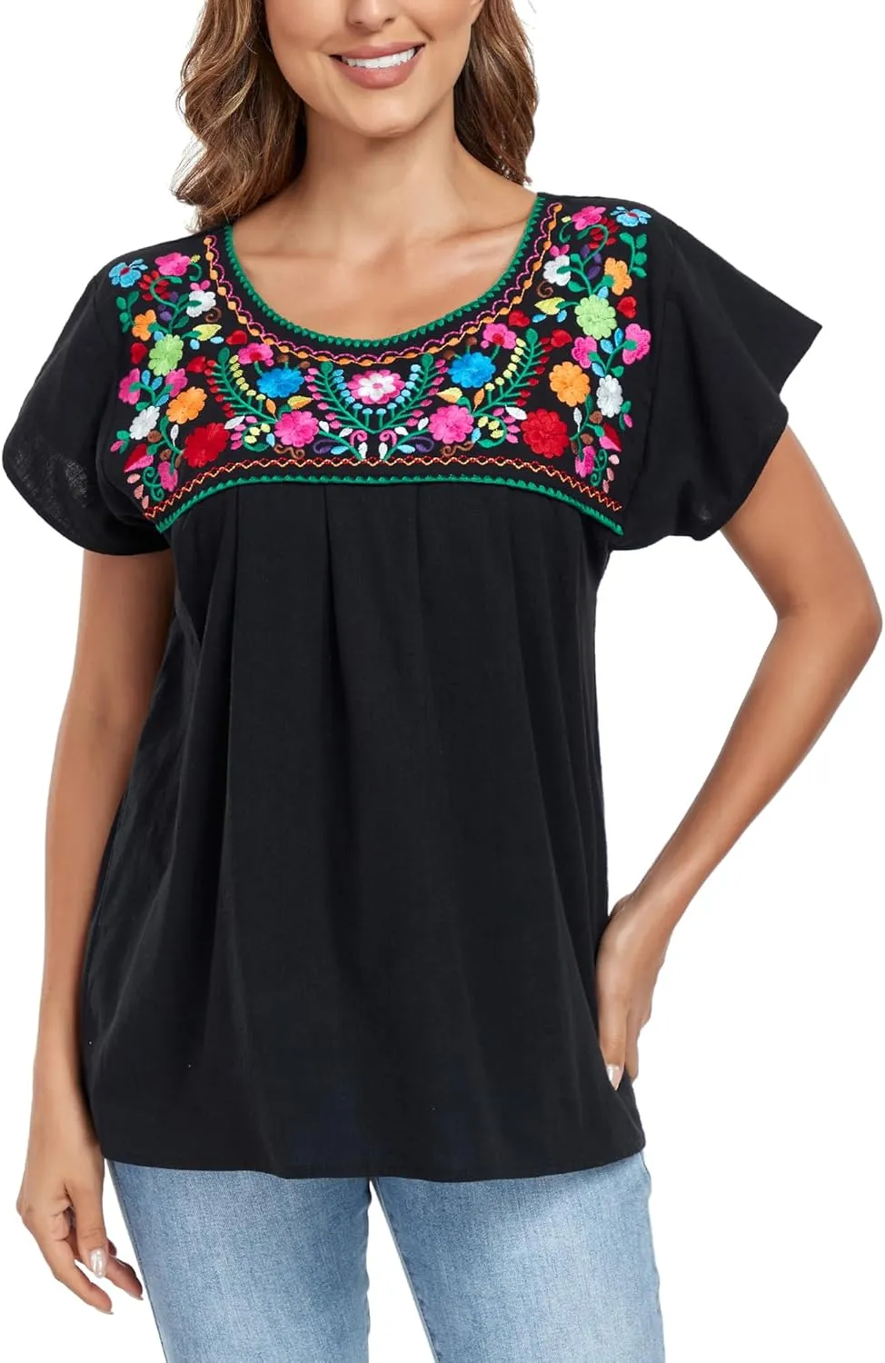 YZXDORWJ Embroidered Mexican Top for Women Peasant Blouse Mexico Summer Shirt Short Sleeve