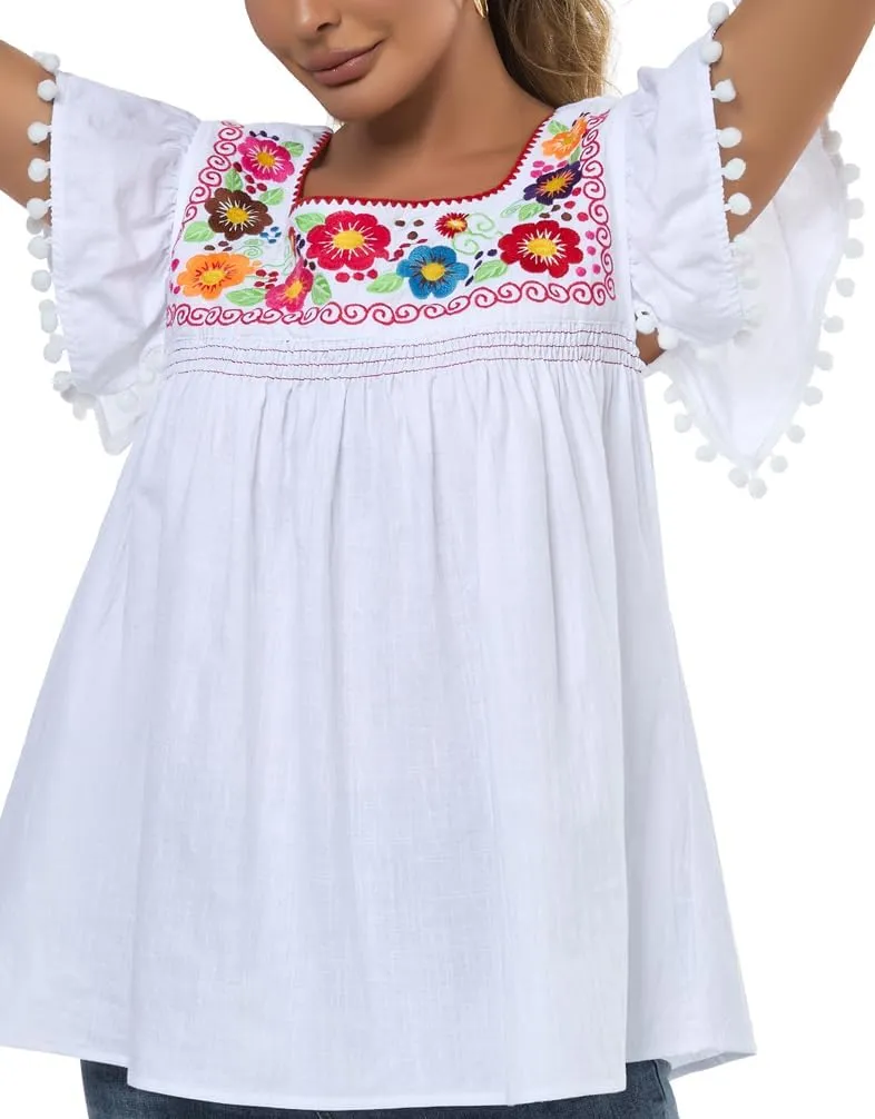YZXDORWJ Embroidered Mexican Top for Women Peasant Blouse Mexico Summer Shirt Short Sleeve