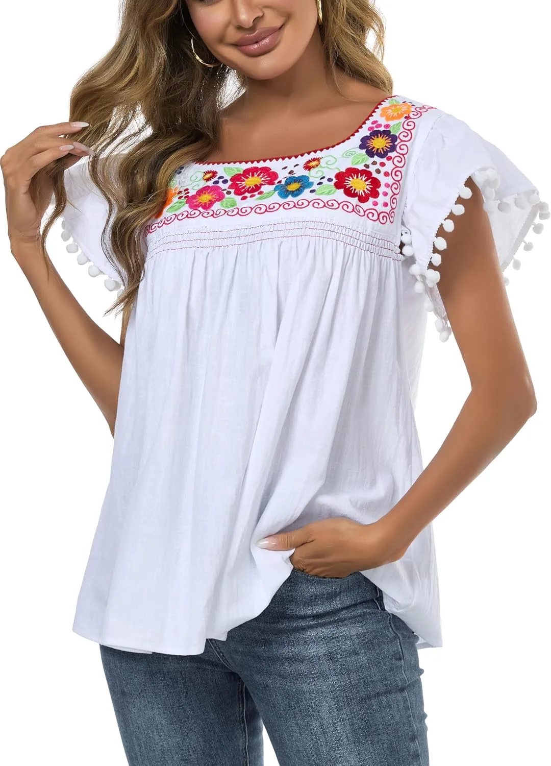YZXDORWJ Embroidered Mexican Top for Women Peasant Blouse Mexico Summer Shirt Short Sleeve