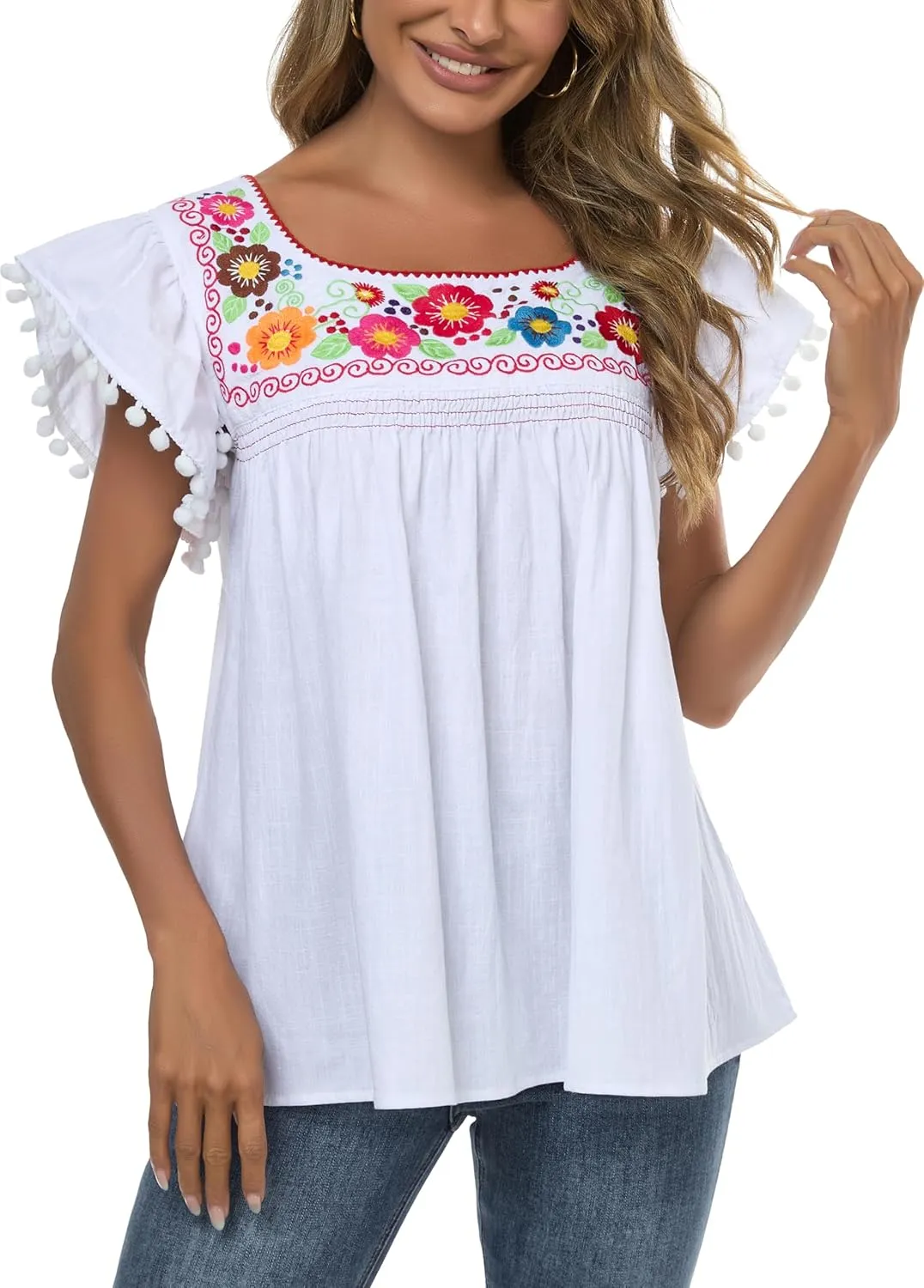 YZXDORWJ Embroidered Mexican Top for Women Peasant Blouse Mexico Summer Shirt Short Sleeve