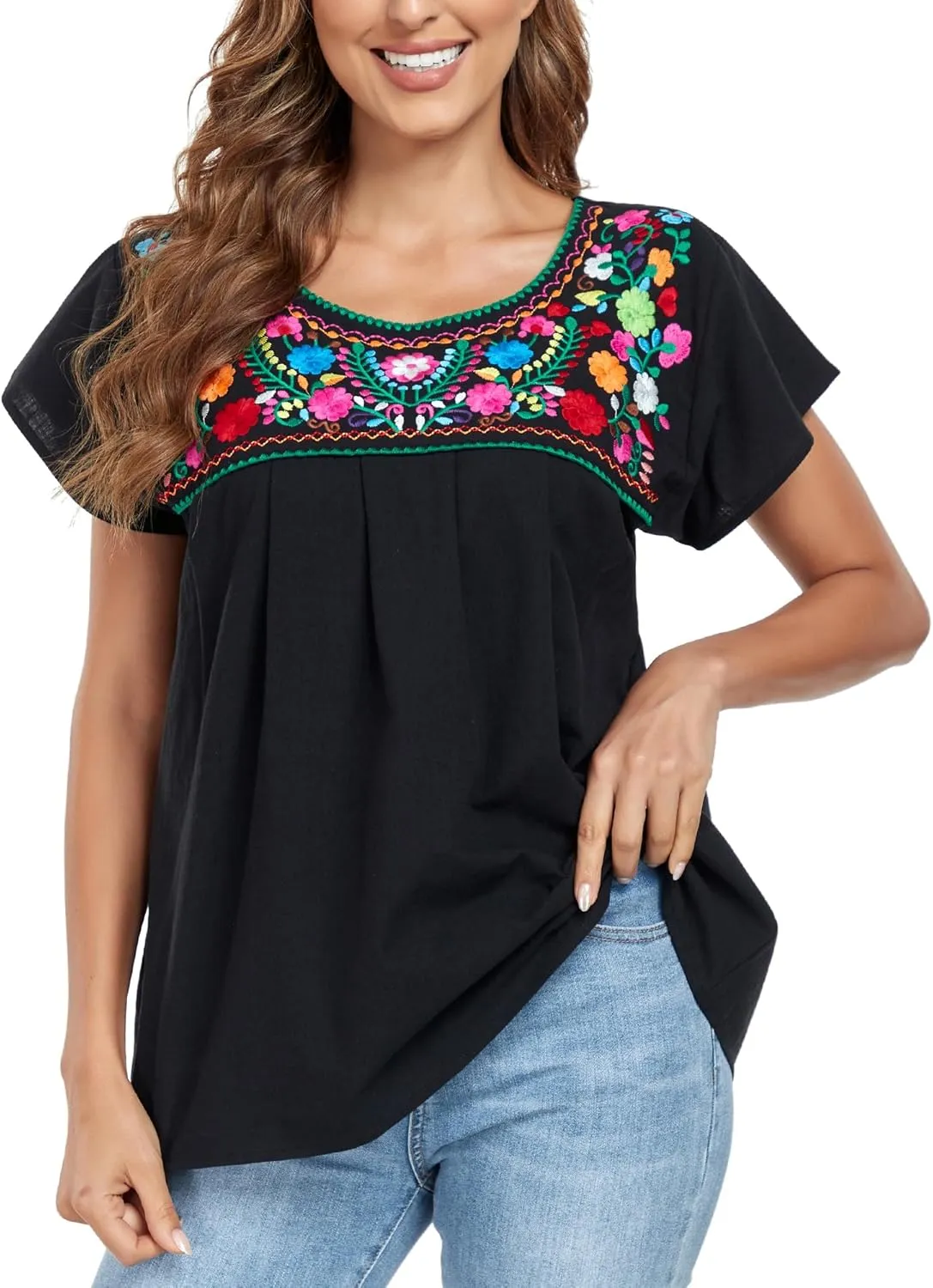 YZXDORWJ Embroidered Mexican Top for Women Peasant Blouse Mexico Summer Shirt Short Sleeve