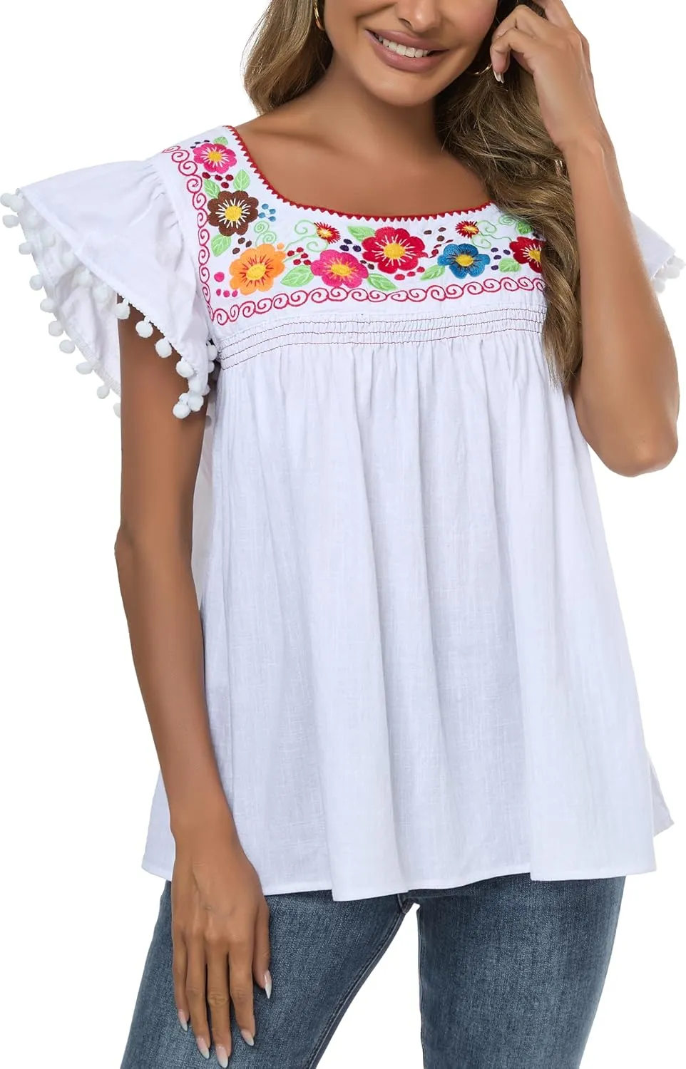 YZXDORWJ Embroidered Mexican Top for Women Peasant Blouse Mexico Summer Shirt Short Sleeve